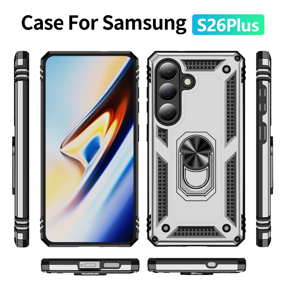 Ring odolný hybridný kryt s úchytom na prst na Samsung Galaxy S26+ - strieborný