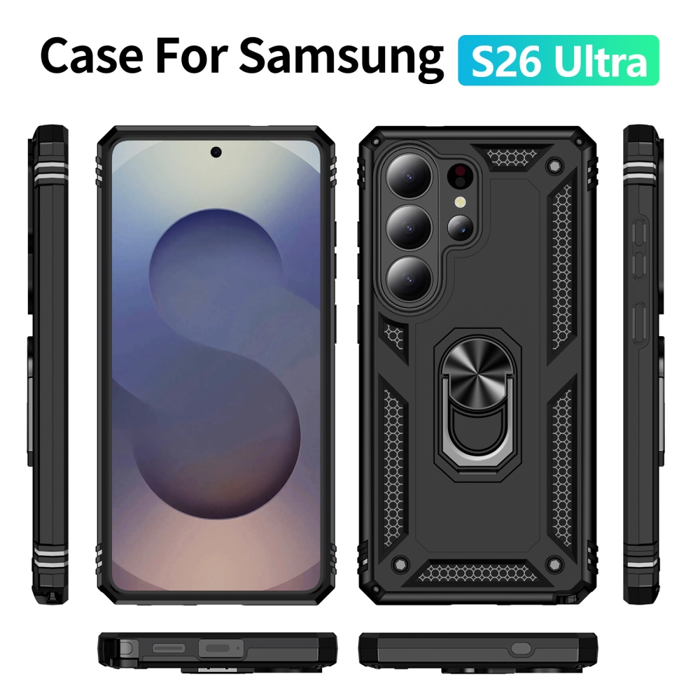 Ring odolný hybridný kryt s úchytom na prst na Samsung Galaxy S26 Ultra - čierny