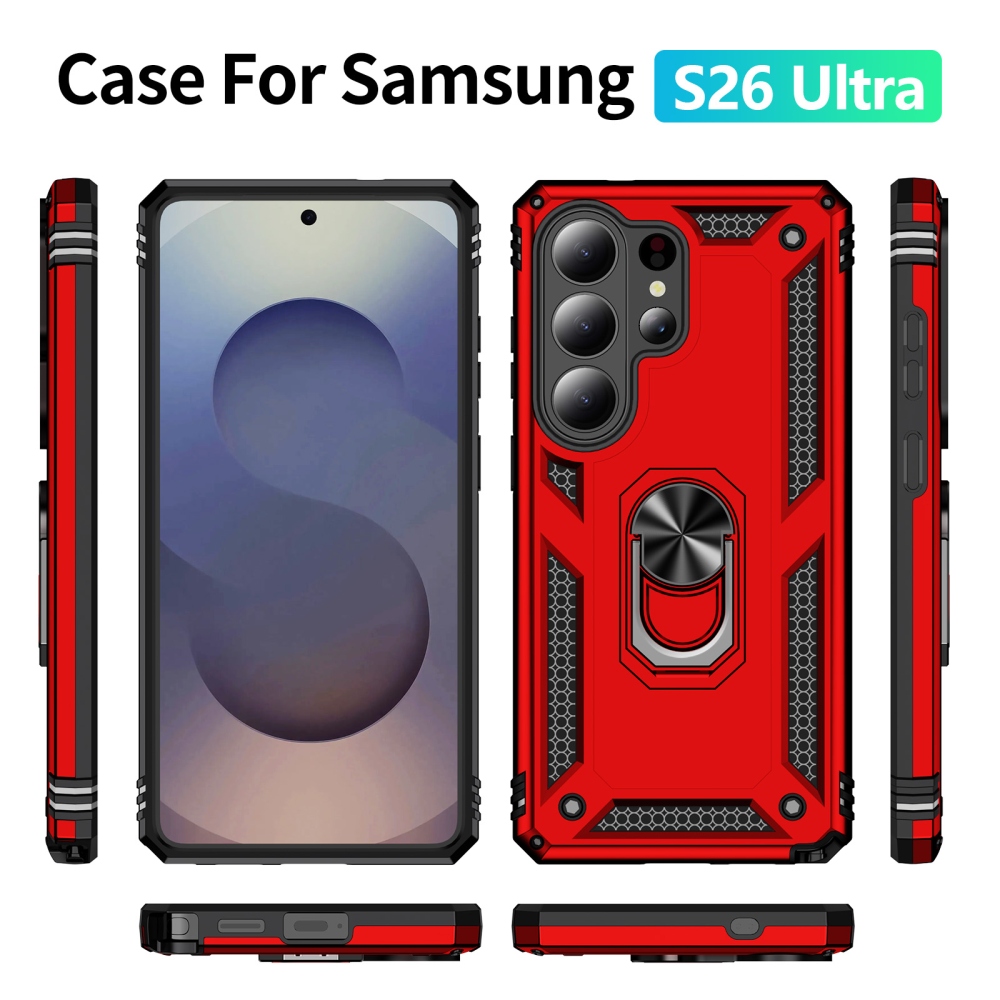 Ring odolný hybridný kryt s úchytom na prst na Samsung Galaxy S26 Ultra - červený