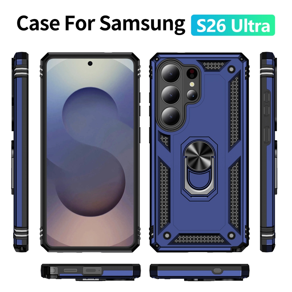 Ring odolný hybridný kryt s úchytom na prst na Samsung Galaxy S26 Ultra - modrý
