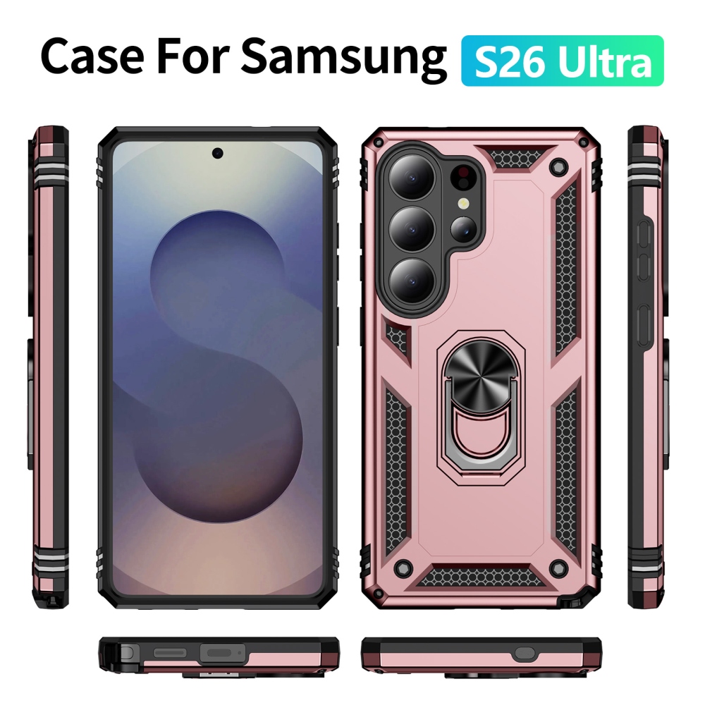 Ring odolný hybridný kryt s úchytom na prst na Samsung Galaxy S26 Ultra - ružovozlatý