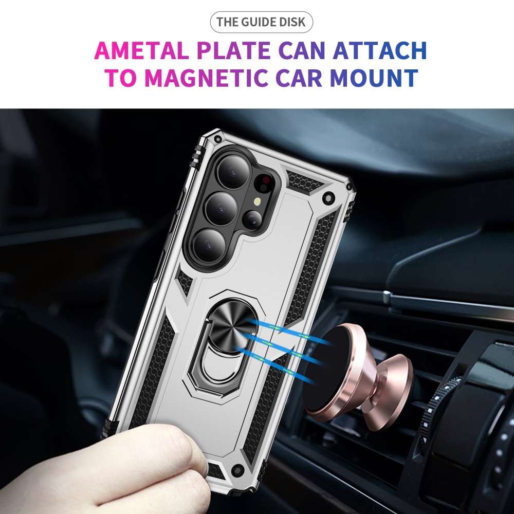 Ring odolný hybridný kryt s úchytom na prst na Samsung Galaxy S26 Ultra - strieborný