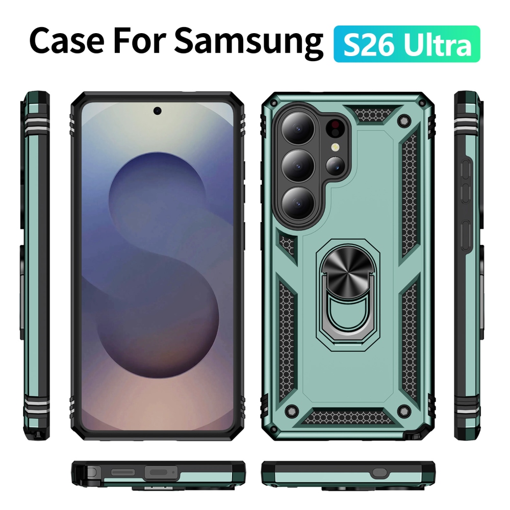 Ring odolný hybridný kryt s úchytom na prst na Samsung Galaxy S26 Ultra - zelený