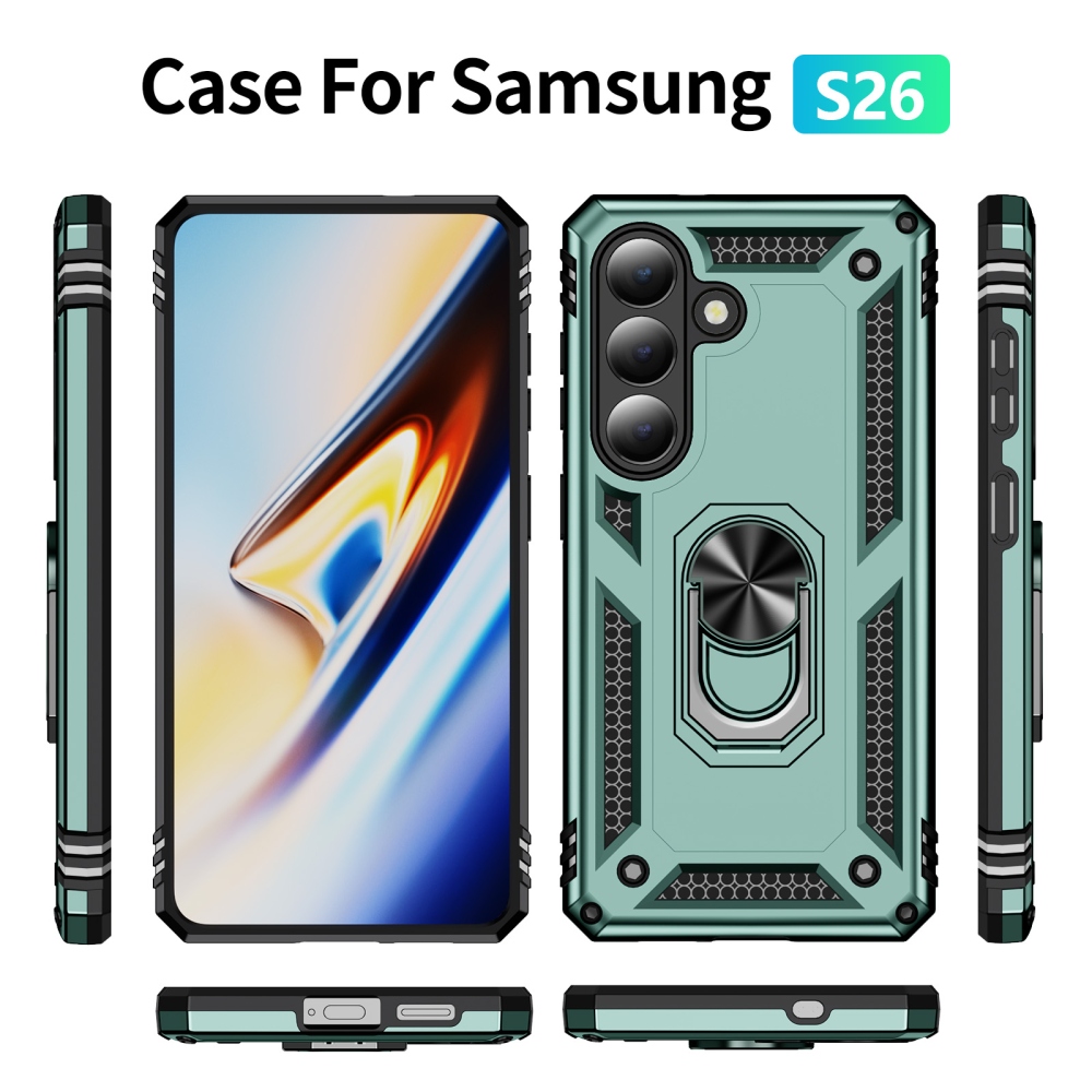 Ring odolný hybridný kryt s úchytom na prst na Samsung Galaxy S26 - zelený