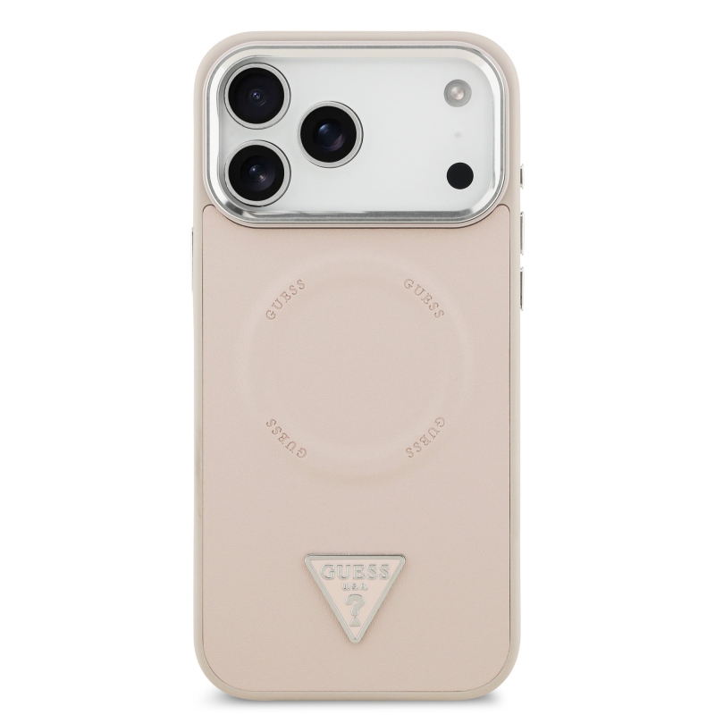 Guess PU kožený zadný kryt MagSafe s trojuholníkovým logom pre iPhone 17 Pro Pink