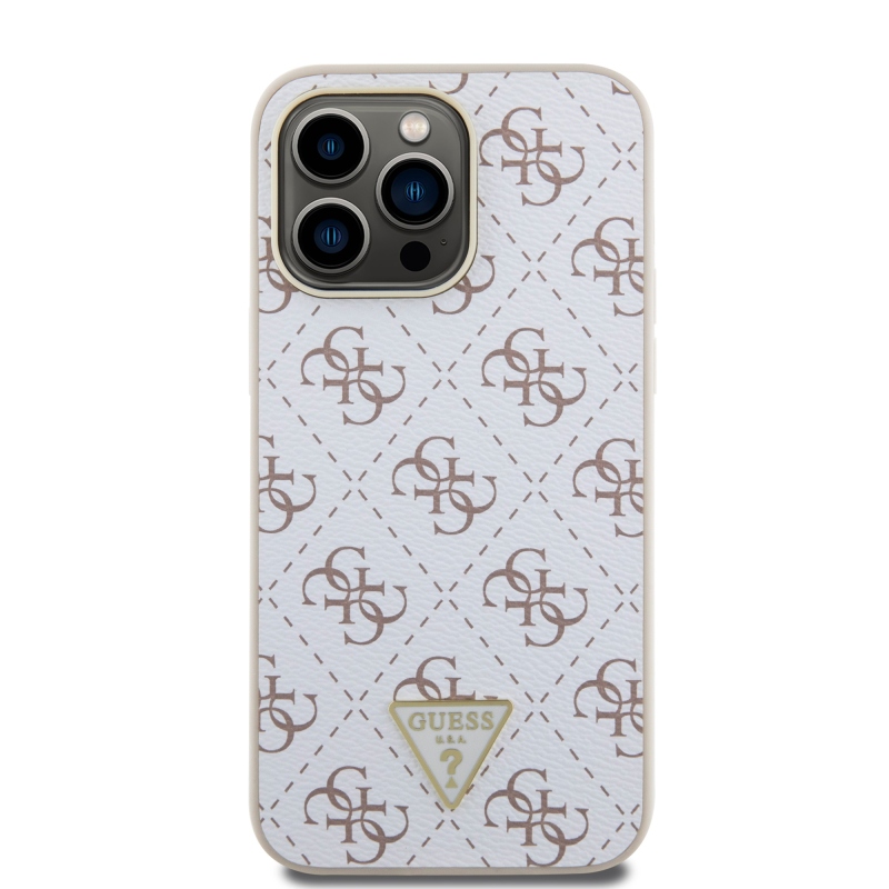 Guess PU Leather 4G Triangle Metal Logo Zadný Kryt pre iPhone 15 Pro Max White