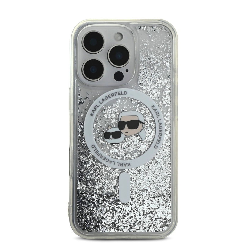 Karl Lagerfeld Liquid Glitter Karl and Choupette Heads MagSafe Zadný Kryt pre iPhone 16 Pro Transparent