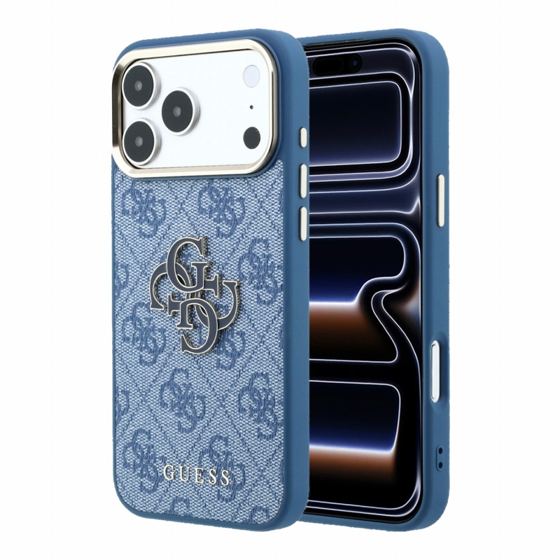 Guess PU 4G zadný kryt s kovovým logom z živice pre iPhone 18 Pro, modrý