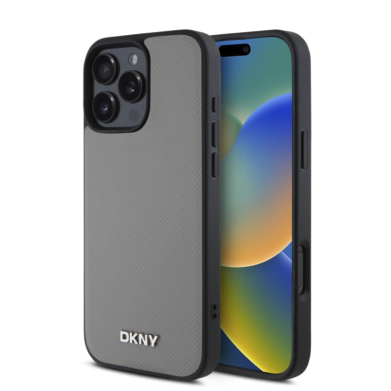 DKNY PU Leather Silver Metal Logo Magsafe Zadný Kryt pre iPhone 16 Pro Grey