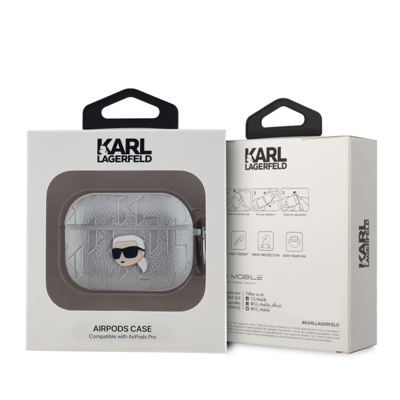 Karl Lagerfeld PU Embossed Karl Head Puzdro pre AirPods Pro Silver