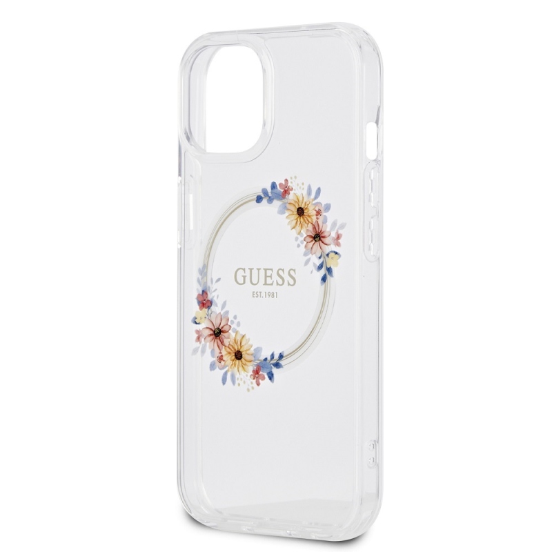 Guess PC/TPU Flowers Ring Glossy Logo MagSafe zadný kryt pre iPhone 15 Plus Transparent