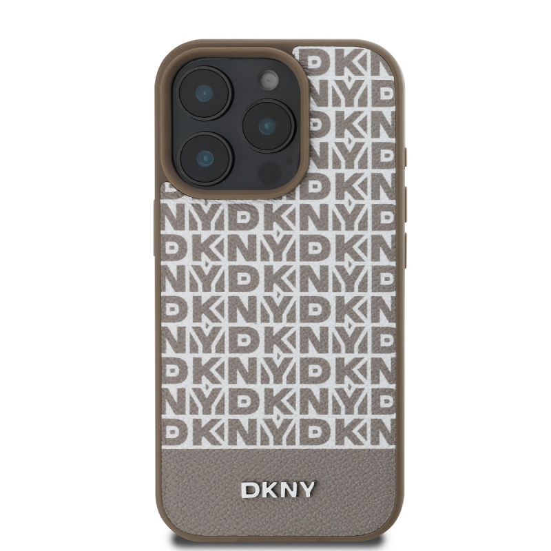 DKNY PU Leather Repeat Pattern Bottom Stripe MagSafe Zadný Kryt pre iPhone 16 Pro Max Brown