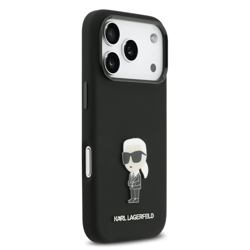 Karl Lagerfeld Liquid Silicone Metal Ikonik Zadný kryt pre iPhone 17 Pro Black