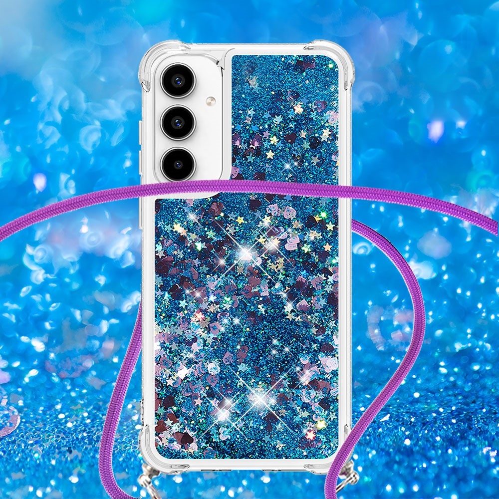 Glitters presýpacie gélový obal so šnúrkou na Samsung Galaxy A36 5G - modrý/srdiečka