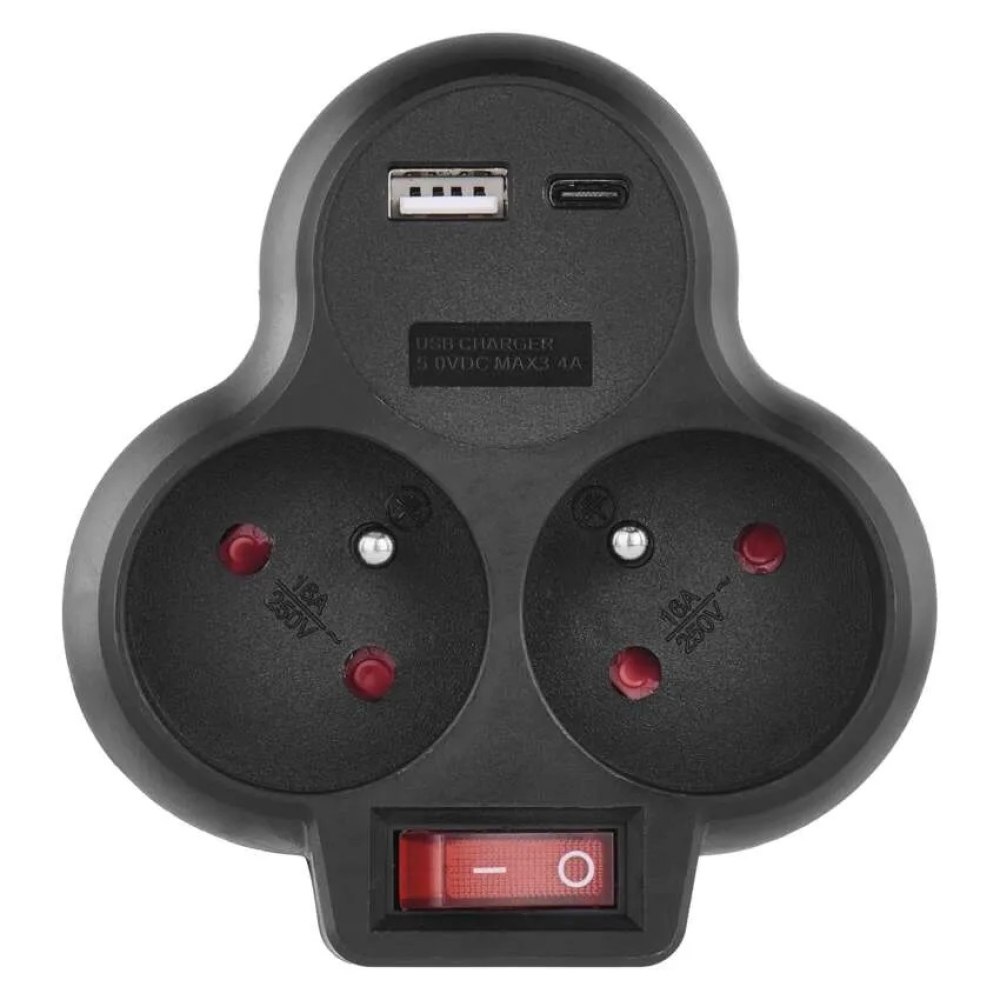 Rozbočovacia zásuvka 2×, vyp., 1×USB-A+1×USB-C - čierna