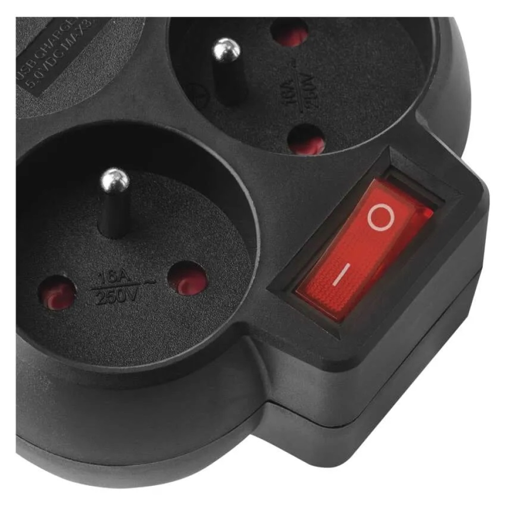 Rozbočovacia zásuvka 2×, vyp., 1×USB-A+1×USB-C - čierna