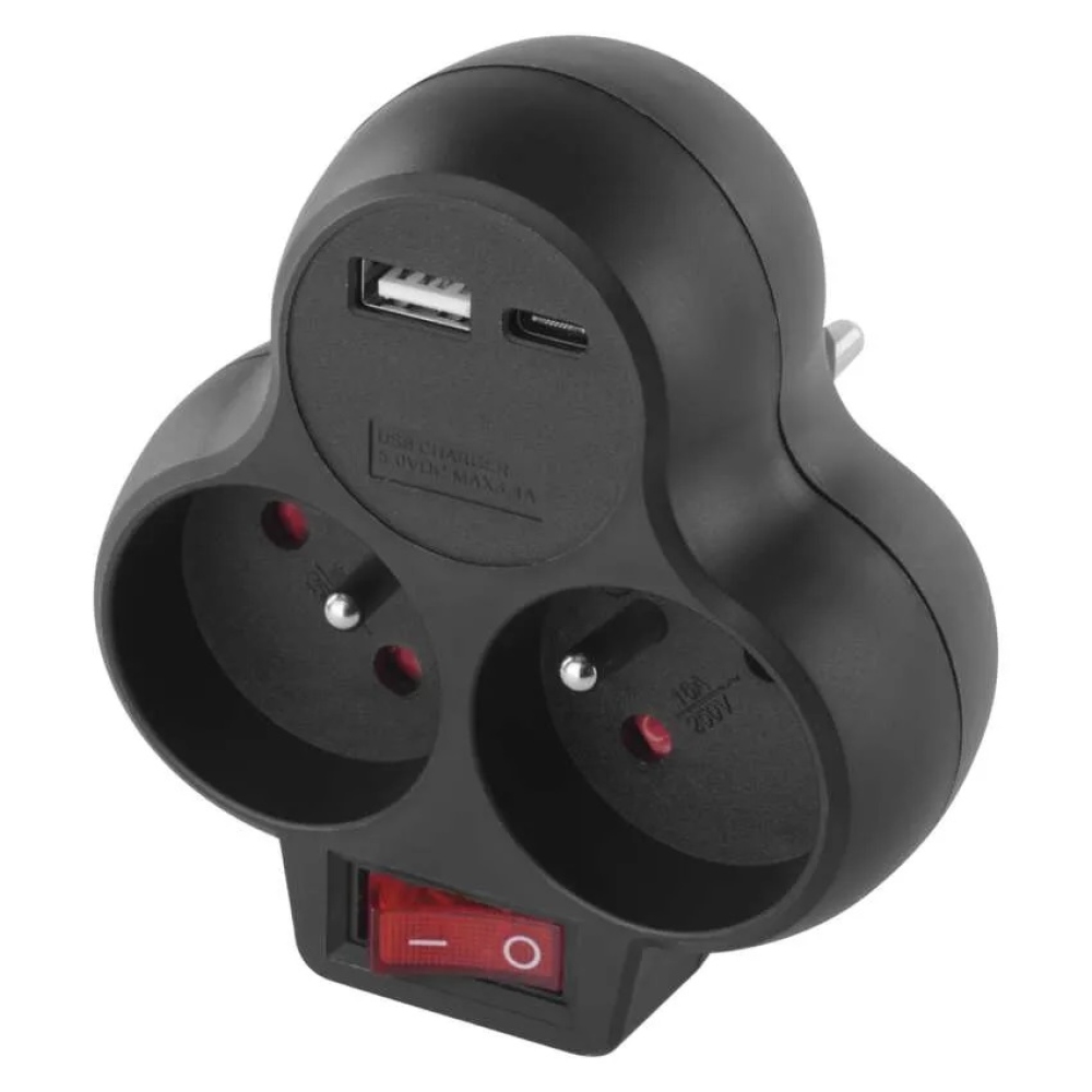 Rozbočovacia zásuvka 2×, vyp., 1×USB-A+1×USB-C - čierna