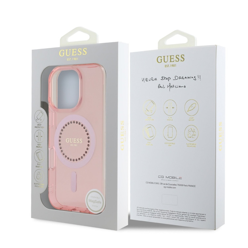 Guess IML Rhinestones Ring MagSafe Zadný Kryt pre iPhone 16 Pro Pink