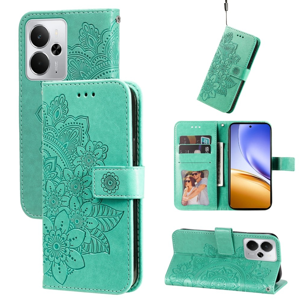 Floral knižkové puzdro na Realme 14 5G - modrozelené