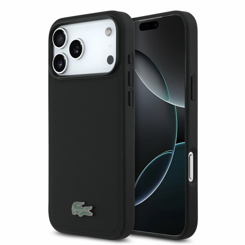 Lacoste PVC Iconic Petit Pique Metal Logo MagSafe zadný kryt pre iPhone 18 Pro Max, čierny
