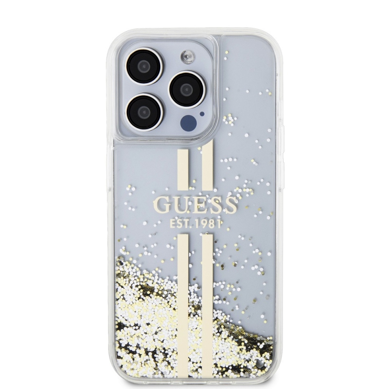 Guess PC/TPU Liquid Glitter Gold Stripe Zadný Kryt pre iPhone 15 Pro Max Transparent