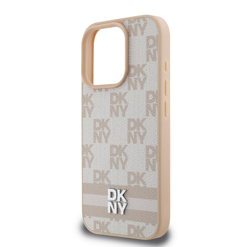 DKNY PU Leather Checkered Pattern and Stripe Zadný Kryt pre iPhone 16 Pro Pink
