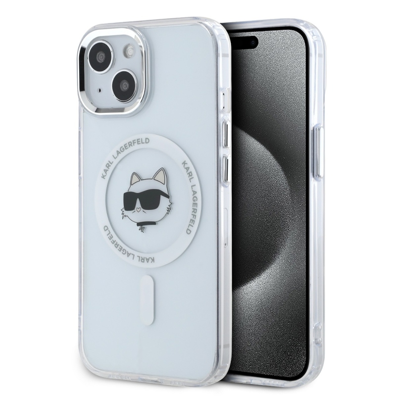 Karl Lagerfeld IML Chúpette Head Metal Frame MagSafe Zadný Kryt pre iPhone 15 Transparent