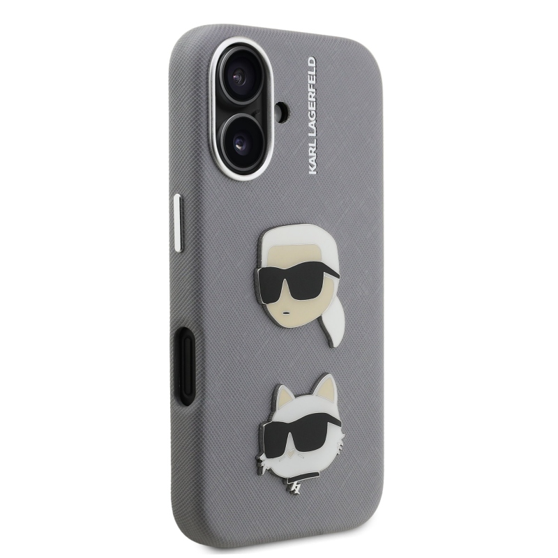Karl Lagerfeld Grained PU K&CH Heads Zadný Kryt pre iPhone 16 Grey