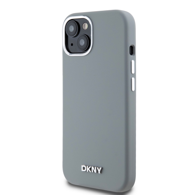 DKNY Liquid Silicone Silver Metal Logo Magsafe Zadný Kryt pre iPhone 15 Grey