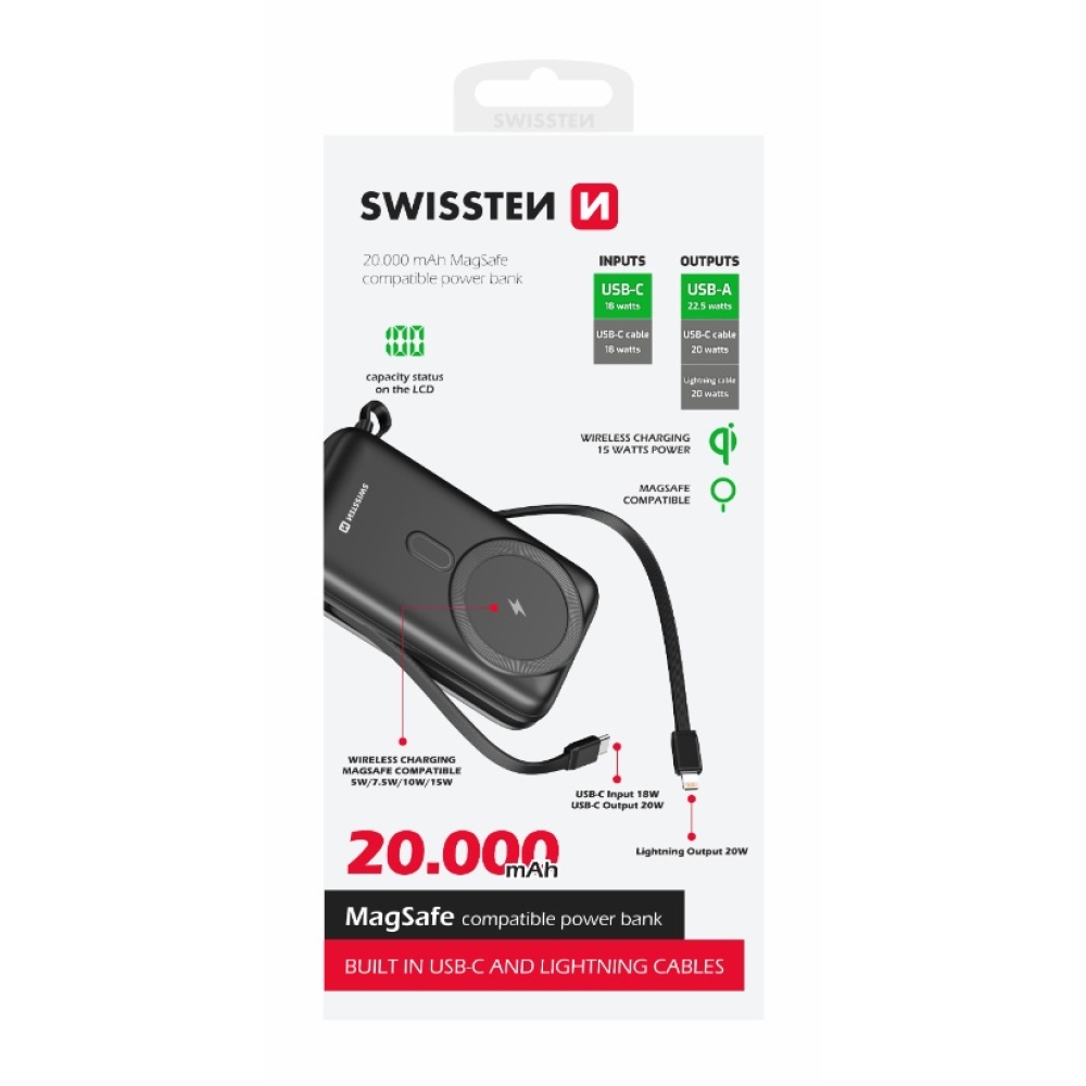 Swissten Powerbank PD 20000 mAh 20W s integrovanými káblami USB-C a lightning (kompatibilný s MagSafe)