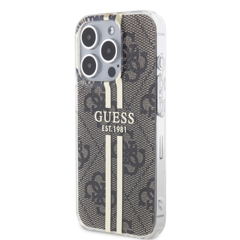 Guess IML 4G Gold Stripe Zadný Kryt pre iPhone 15 Pro Max Brown