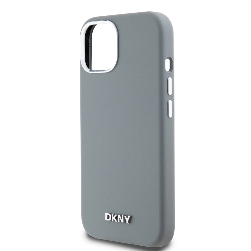 DKNY Liquid Silicone Silver Metal Logo Magsafe Zadný Kryt pre iPhone 15 Grey