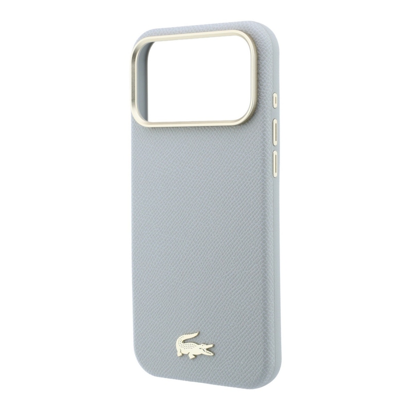 Lacoste PU kožený kryt Champs-Élysées so zlatým logom a MagSafe pre iPhone 18 Pro Max, svetlošedý