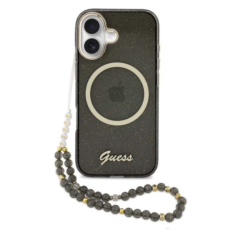 Guess IML Glitter Script Strap Zadný kryt MagSafe pre iPhone 17 Black