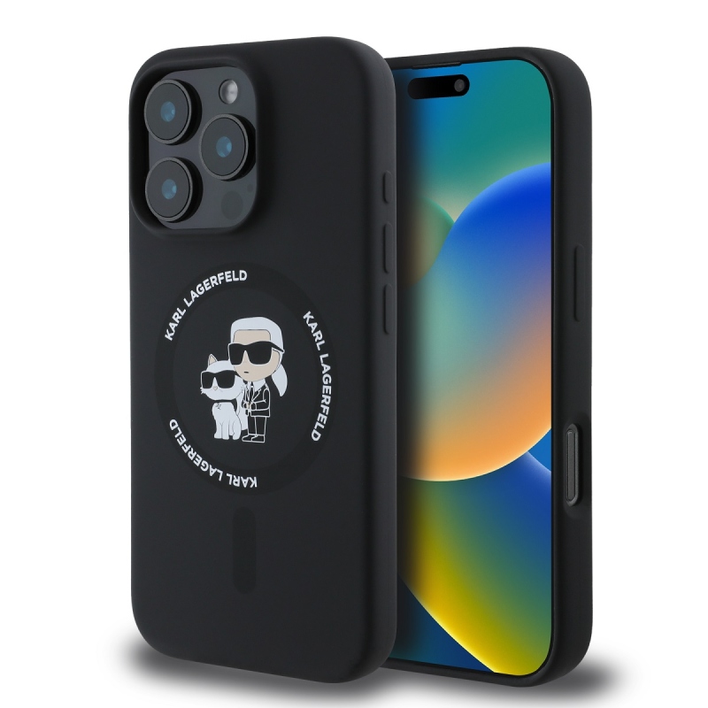 Karl Lagerfeld Liquid Silicone Karl and Choupette MagSafe Zadný Kryt pre iPhone 16 Pro Max Black