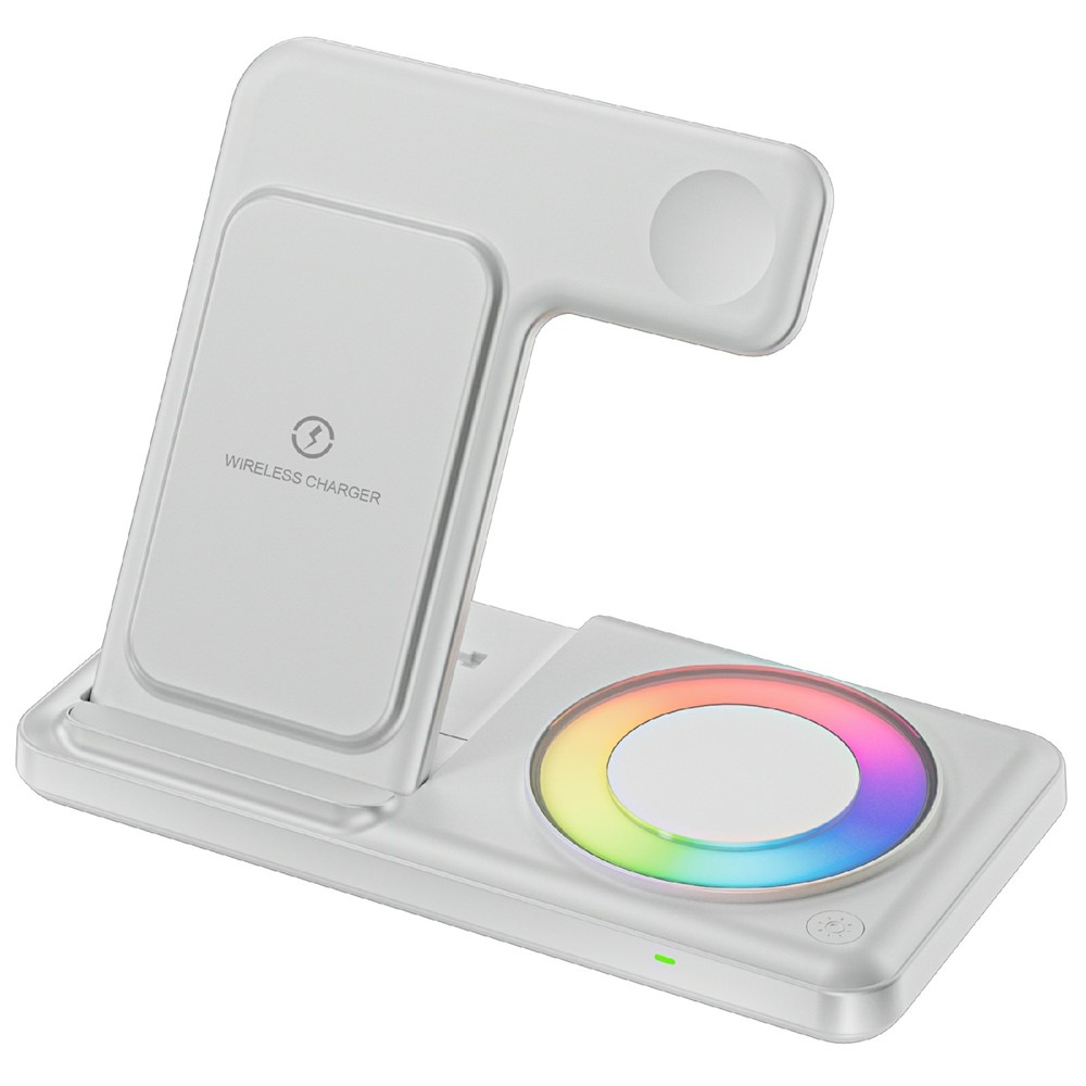 Q50D skladacia bezdrôtová nabíjacia stanica 4v1 15W s RGB podsvietením - biela