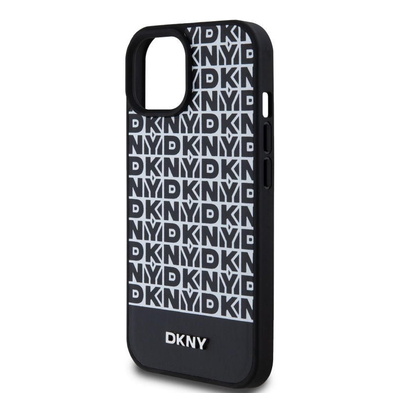 DKNY PU Leather Repeat Pattern Bottom Stripe MagSafe Zadný Kryt pre iPhone 15 Black