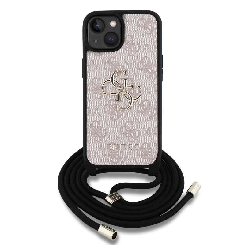 Guess PU 4G Metal Logo Crossbody Popruh Zadný Kryt pre iPhone 15 Pink