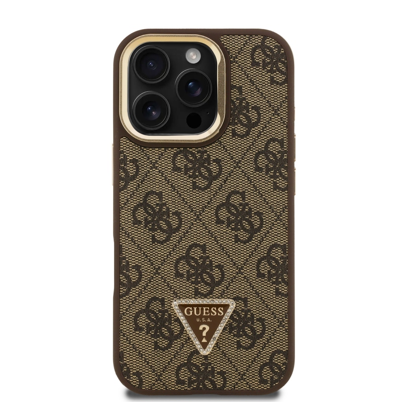 Guess PU 4G Strass Triangle Logo Stand Camera Frame MagSafe Zadný Kryt pre iPhone 16 Pro Brown