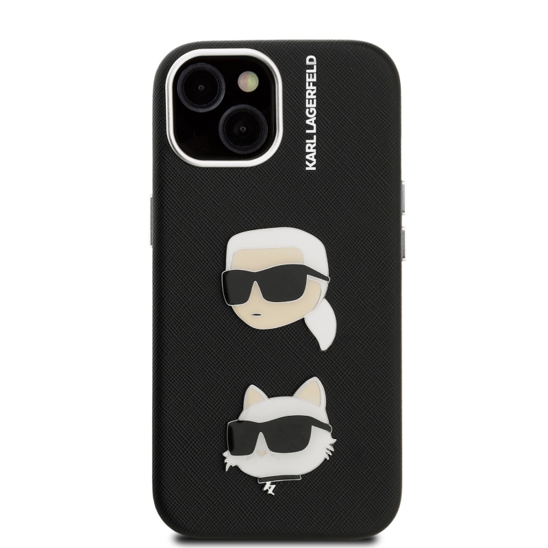 Karl Lagerfeld Grained PU K&CH Heads Zadný Kryt pre iPhone 15 Black