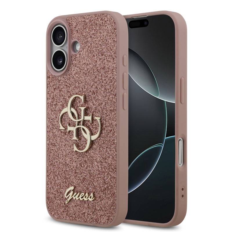 Guess PU pevný zadný kryt s kovovým logom 4G s trblietkami pre iPhone 17 Pink