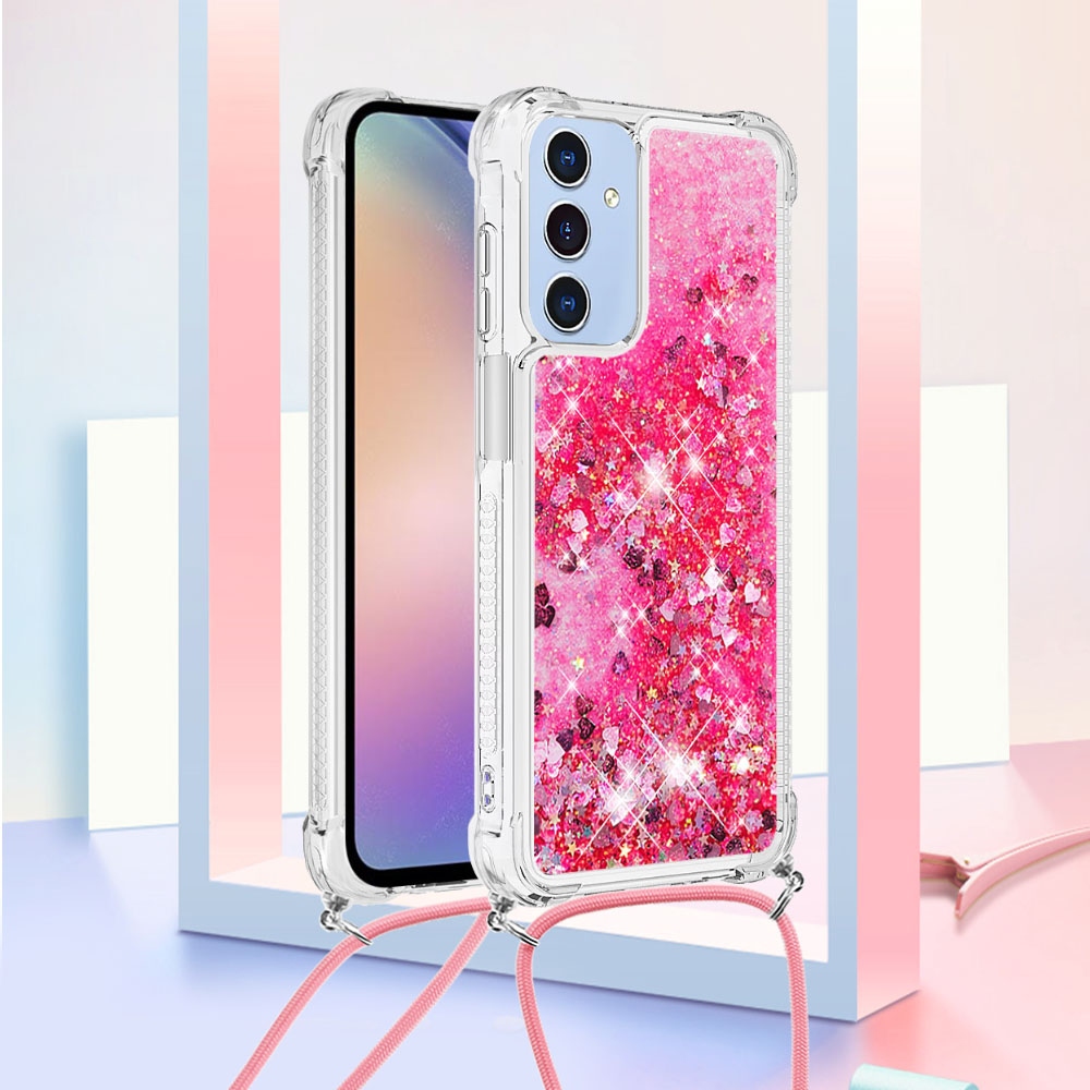 Glitters presýpacie gélový obal so šnúrkou na Samsung Galaxy A17 5G - ružový/srdiečka