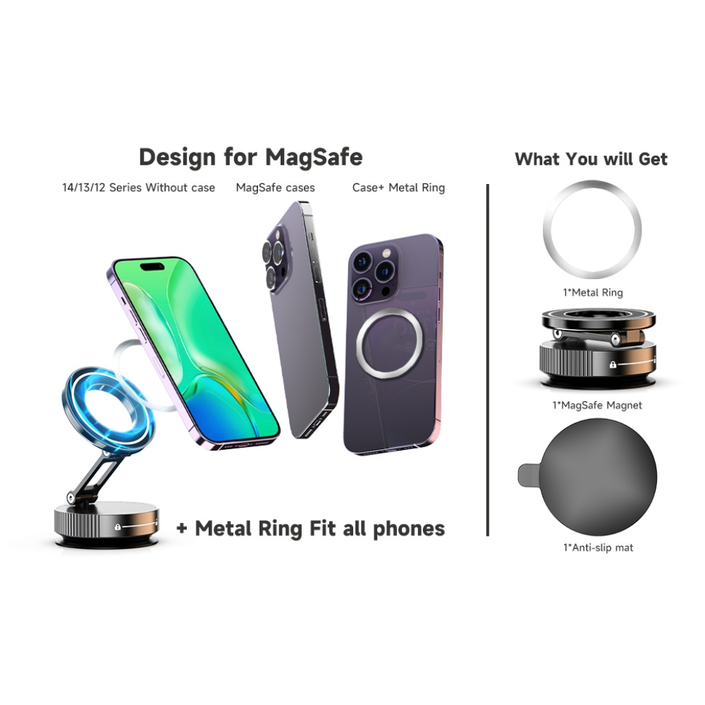 K11 skladací magnetický držiak na mobil s vákuovou prísavkou - čierny