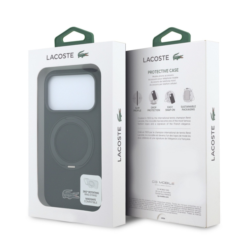 Lacoste PVC Petit Pique Semi Wrap Ring Stand MagSafe zadný kryt pre iPhone 18 Pro, čierny