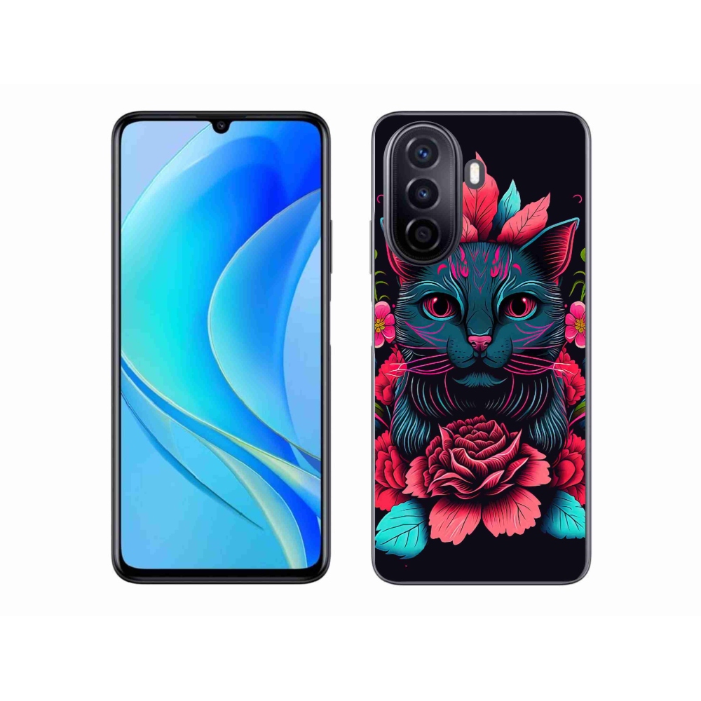 Gelový kryt mmCase na Huawei Nova Y70 - květiny a kočka