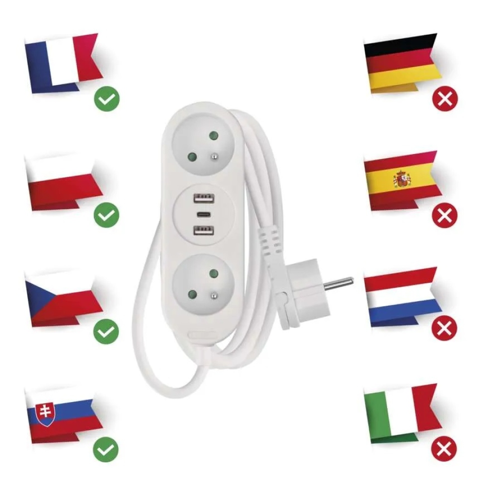 Predlžovací kábel 1,4 m / 2 zásuvky + 2 × USB-A + 1 × USB-C / biely / PVC / 1,5 mm2