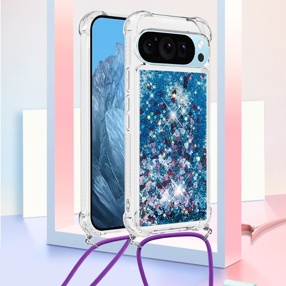Glitters presýpací gélový obal so šnúrkou na Google Pixel 10 Pro/Pixel 10 - modrý/srdiečka