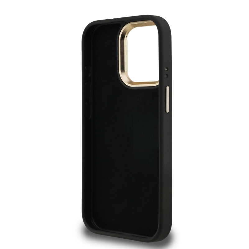 Guess PU 4G Metal Logo Stand Camera Frame Zadný Kryt pre iPhone 15 Pro Max Black