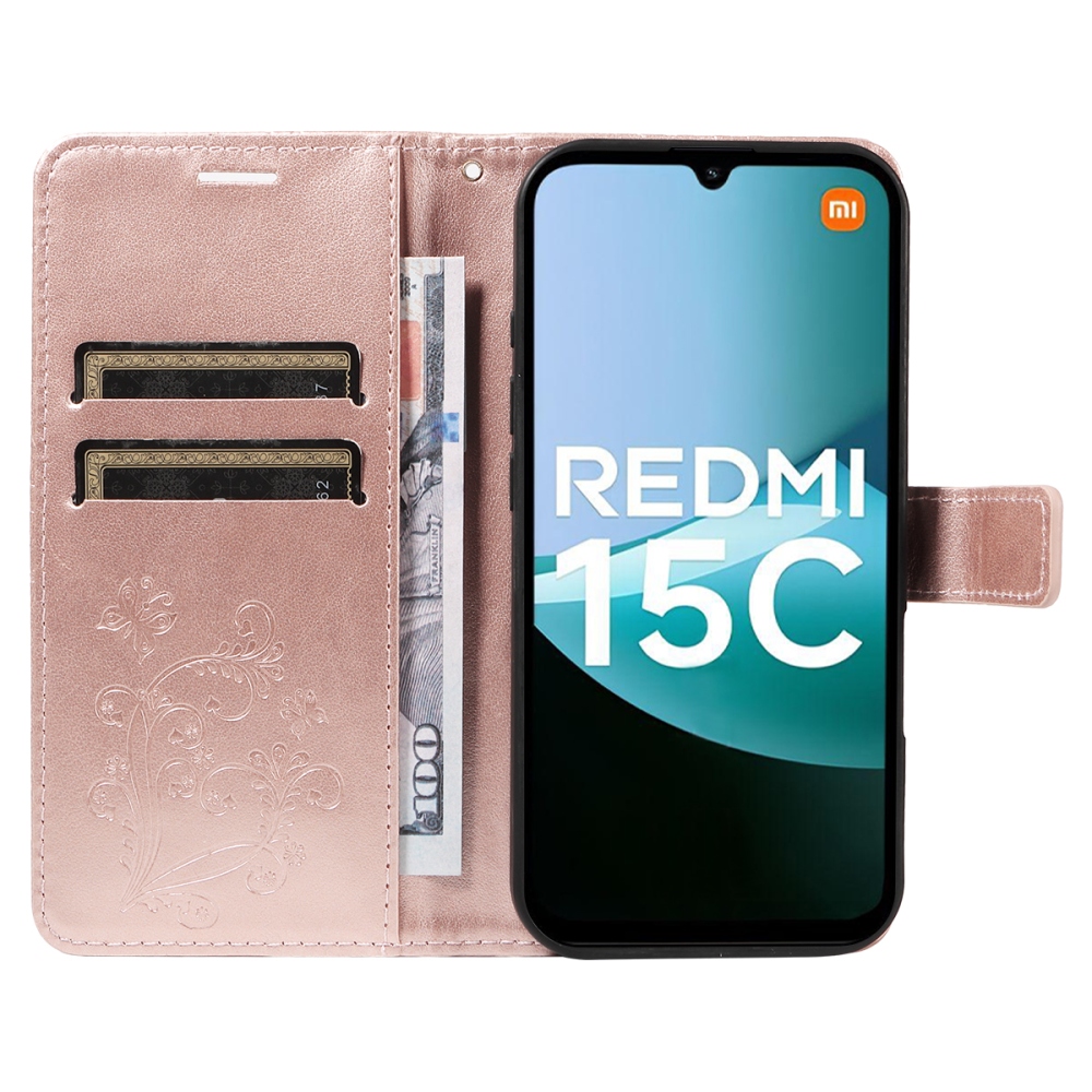 Big Butterfly knižkové púzdro na Xiaomi Redmi 15C 4G/5G (173mm) - ružovozlaté