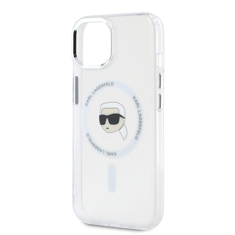 Karl Lagerfeld IML Karl Head Metal Frame MagSafe Zadný Kryt pre iPhone 15 Transparent